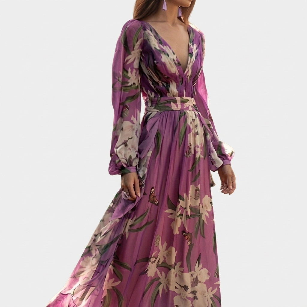 Rivaclo | Femme robe maxi imprimée à col en V profond – manches longues