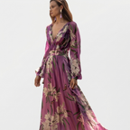 Rivaclo | Femme robe maxi imprimée à col en V profond – manches longues