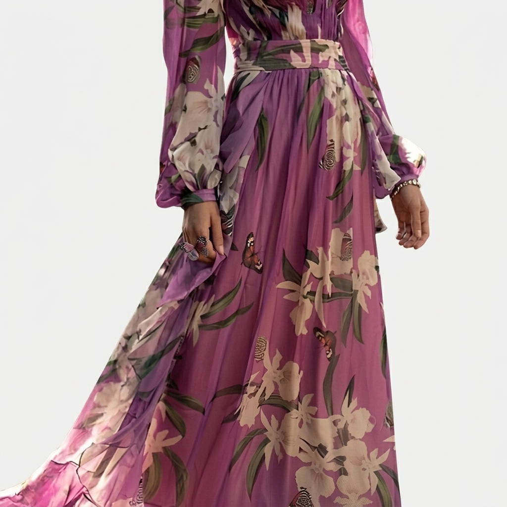 Rivaclo | Femme robe maxi imprimée à col en V profond – manches longues