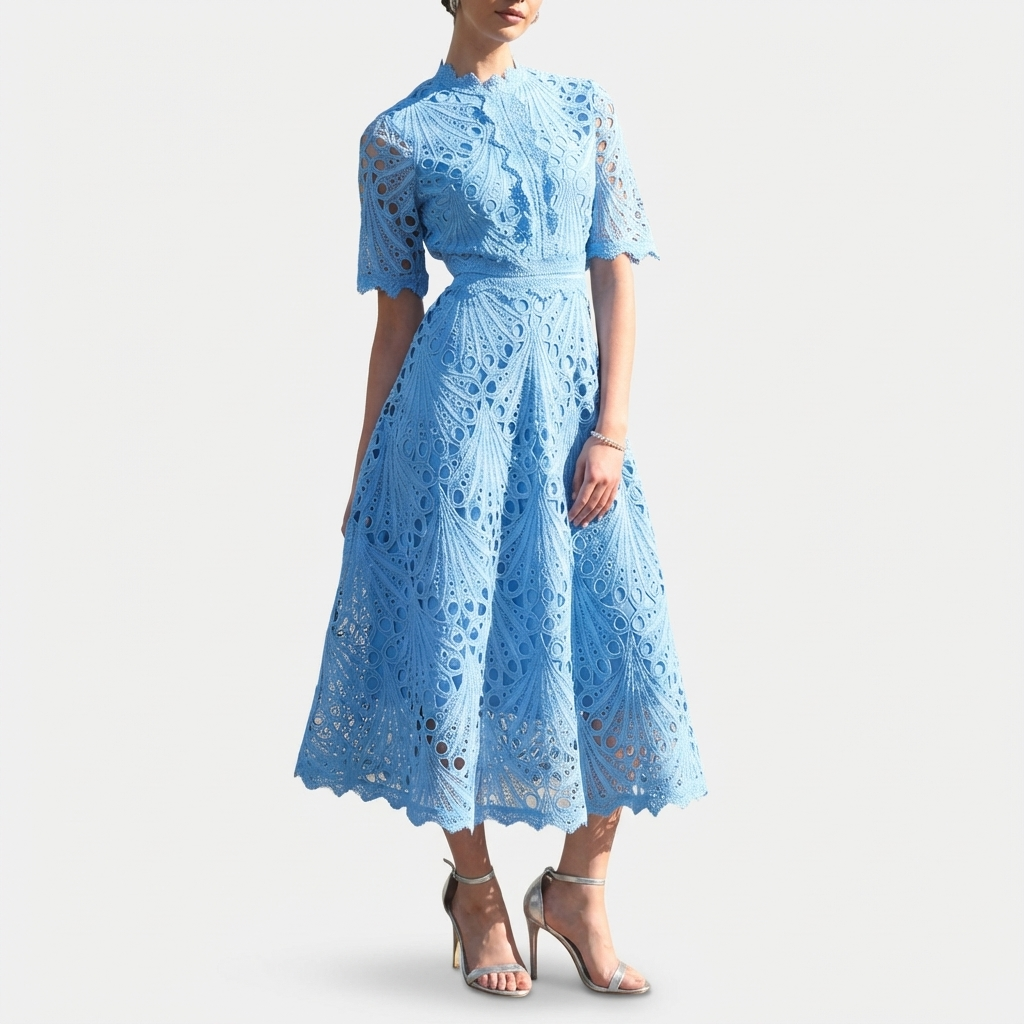 Rivaclo | Women's lace high collar dress – short midi sleeves