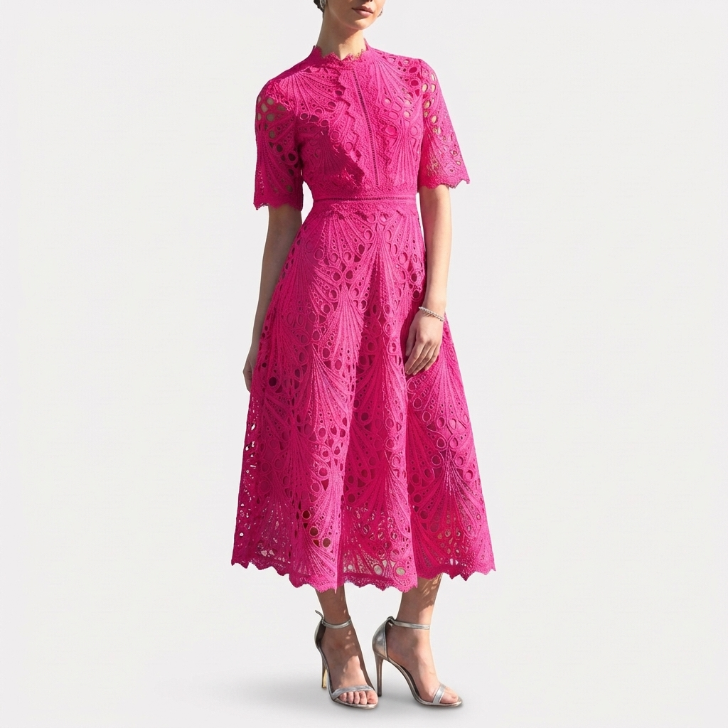 Rivaclo | Femme robe en dentelle col montant – manches courtes midi