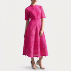 Rivaclo | Femme robe en dentelle col montant – manches courtes midi