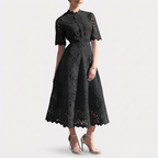Rivaclo | Femme robe en dentelle col montant – manches courtes midi
