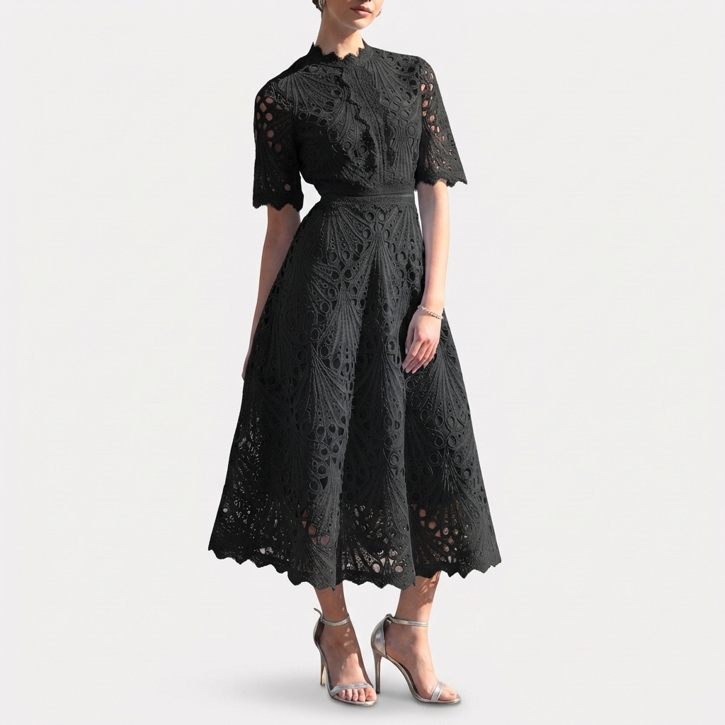 Rivaclo | Women's lace high collar dress – short midi sleeves