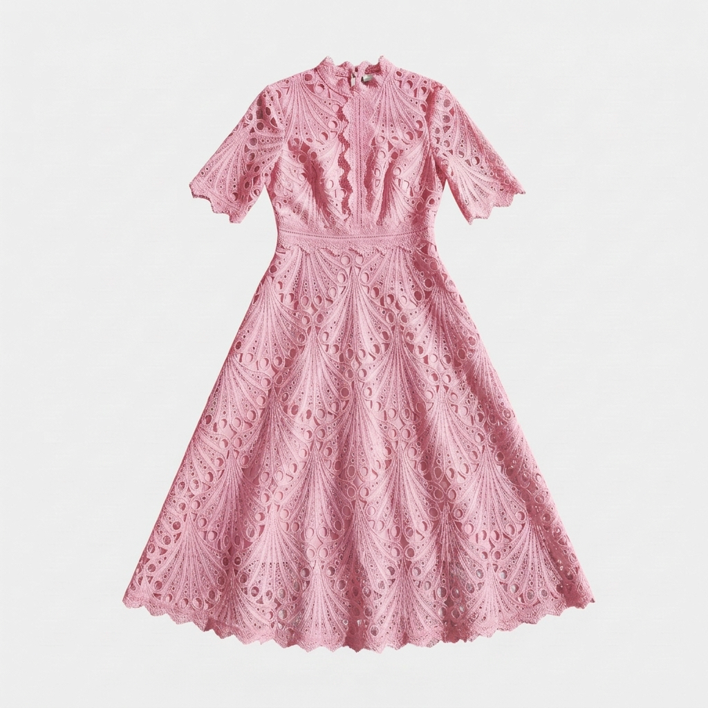 Rivaclo | Femme robe en dentelle col montant – manches courtes midi