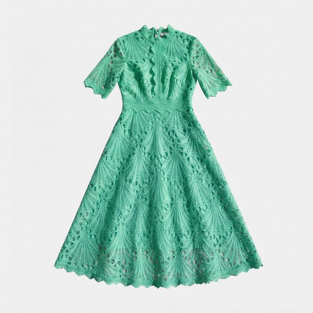 Rivaclo | Femme robe en dentelle col montant – manches courtes midi