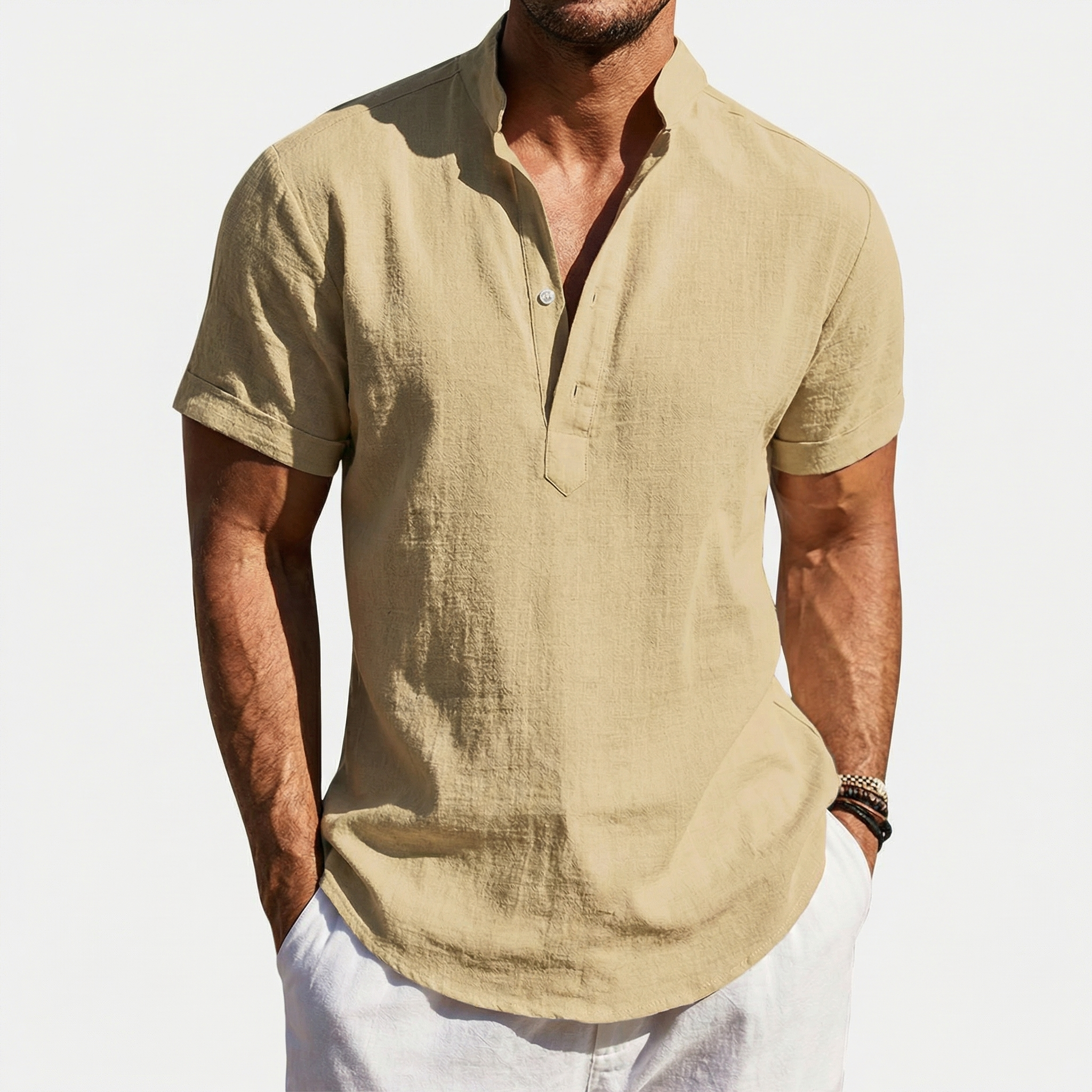 Rivaclo | Men's short sleeve shirt with high collar – linen style