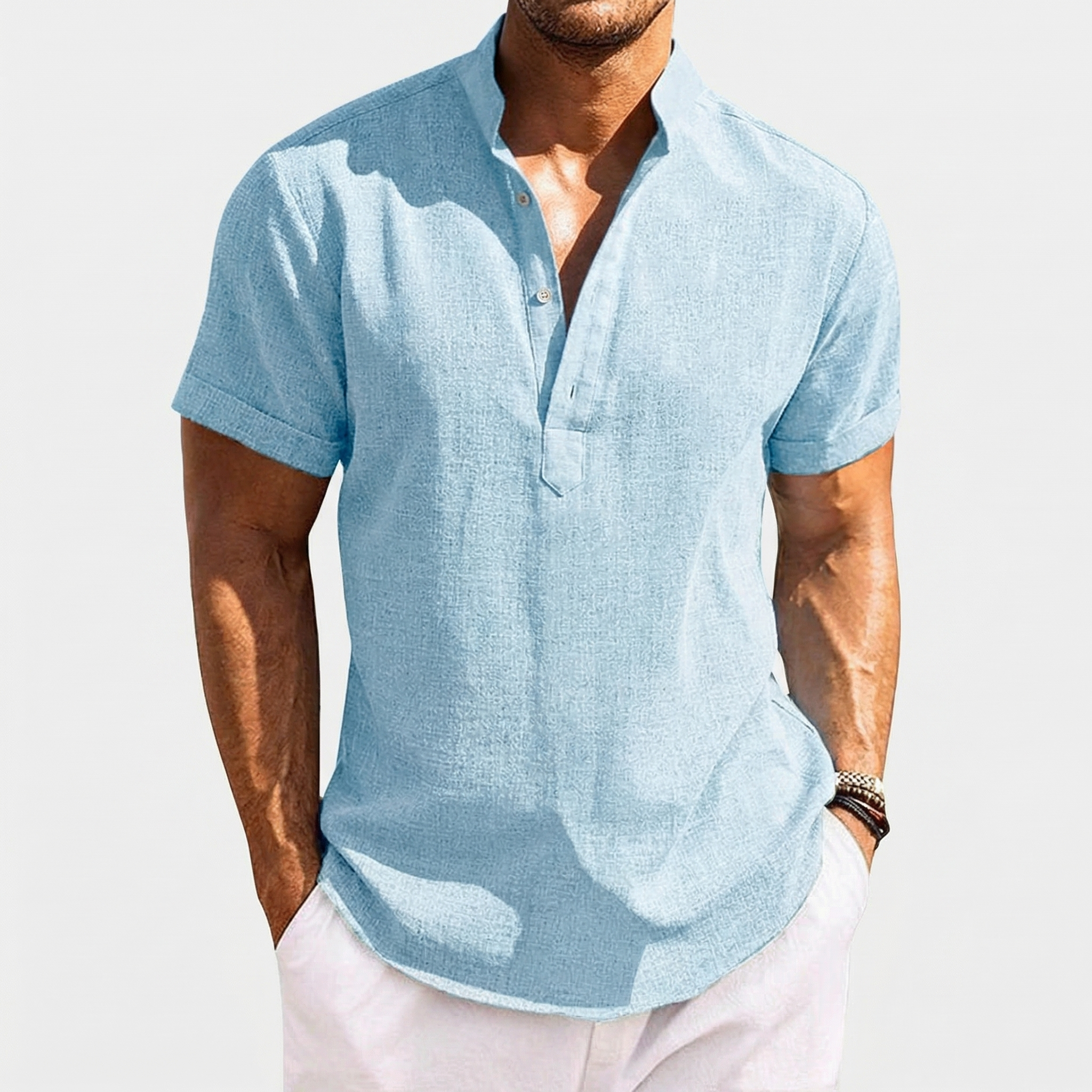 Rivaclo | Men's short sleeve shirt with high collar – linen style