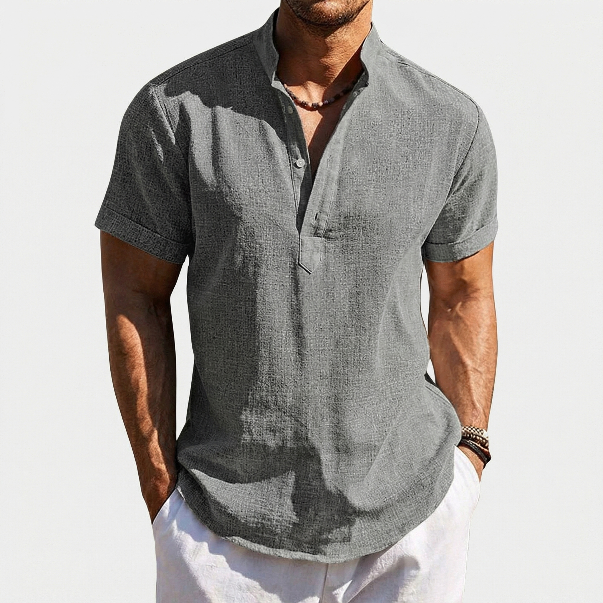 Rivaclo | Men's short sleeve shirt with high collar – linen style