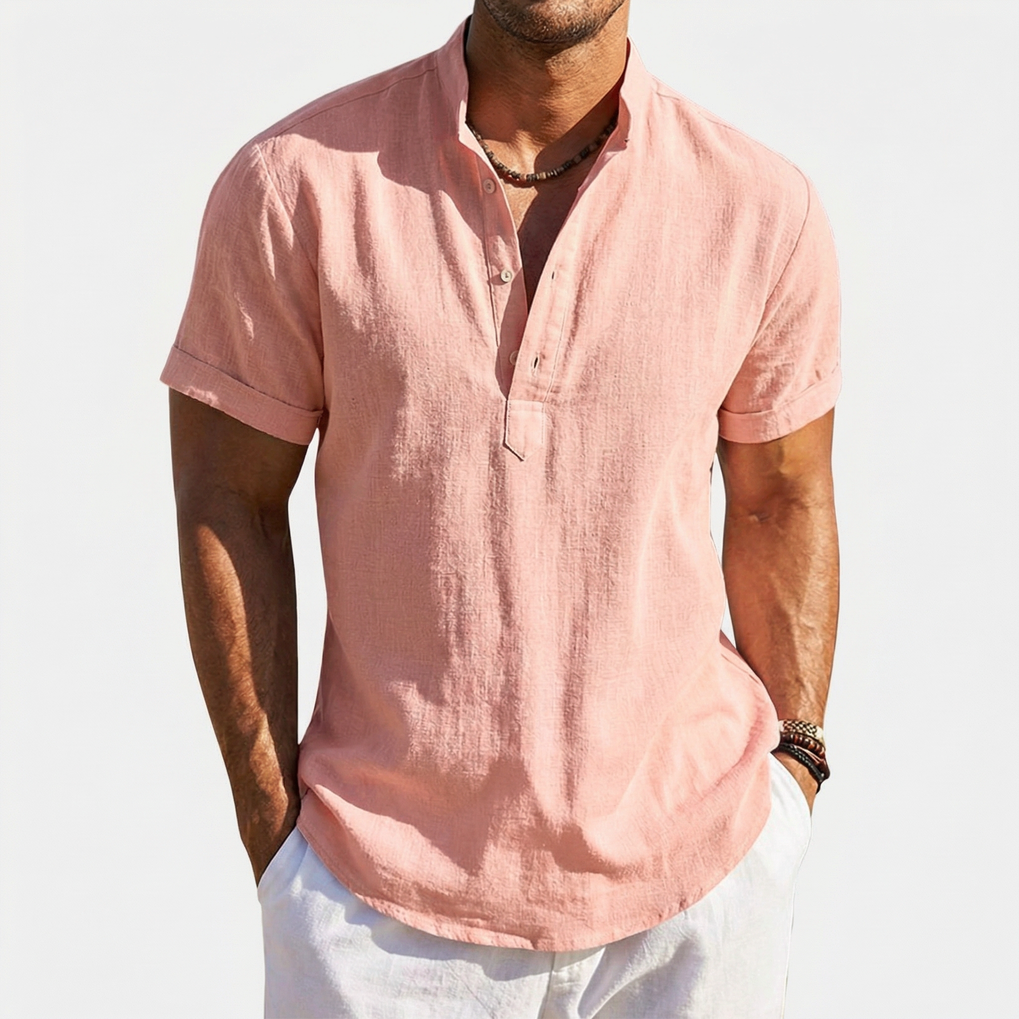 Rivaclo | Men's short sleeve shirt with high collar – linen style