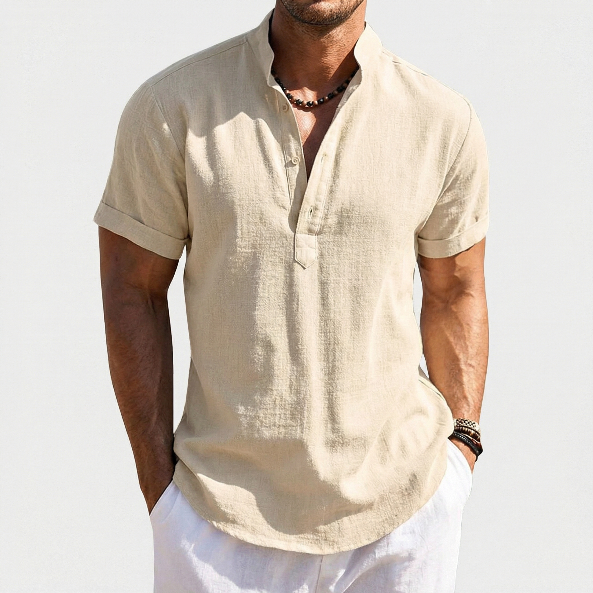 Rivaclo | Men's short sleeve shirt with high collar – linen style