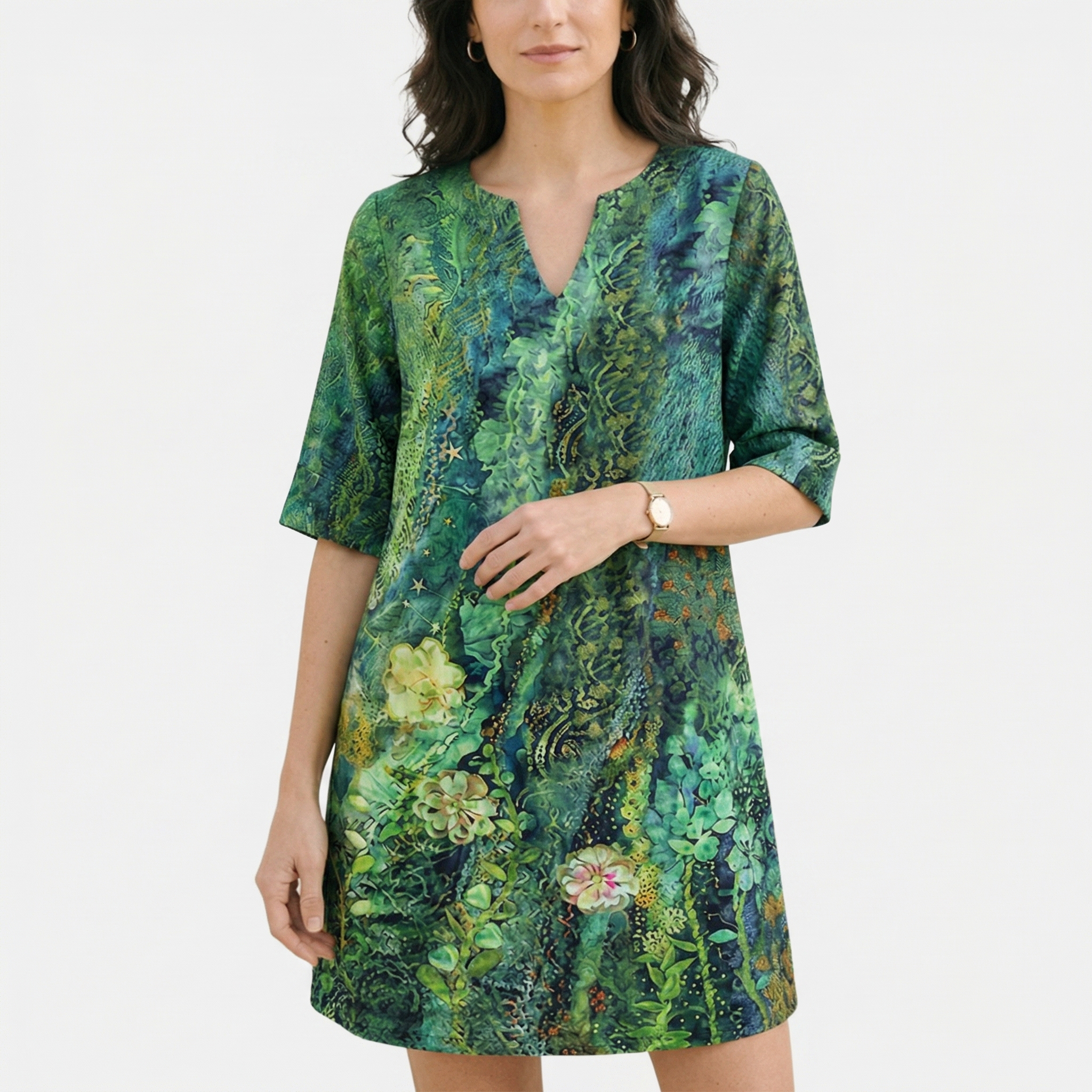 Rivaclo | Women's printed V-neck dress – leaf pattern