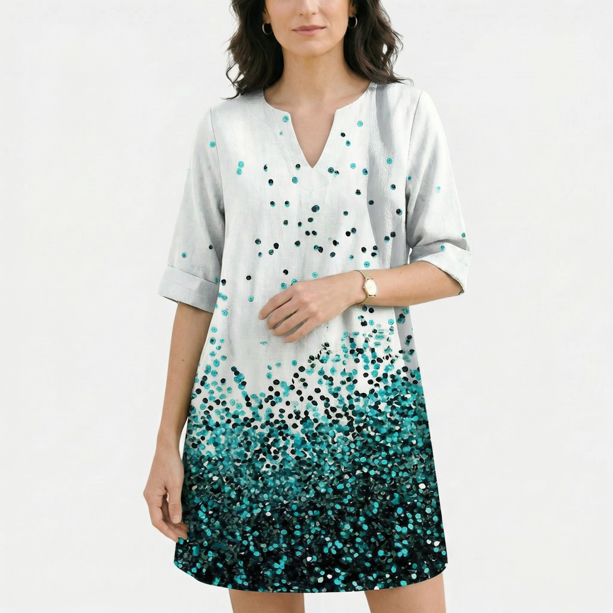 Rivaclo | Women's printed V-neck dress – leaf pattern