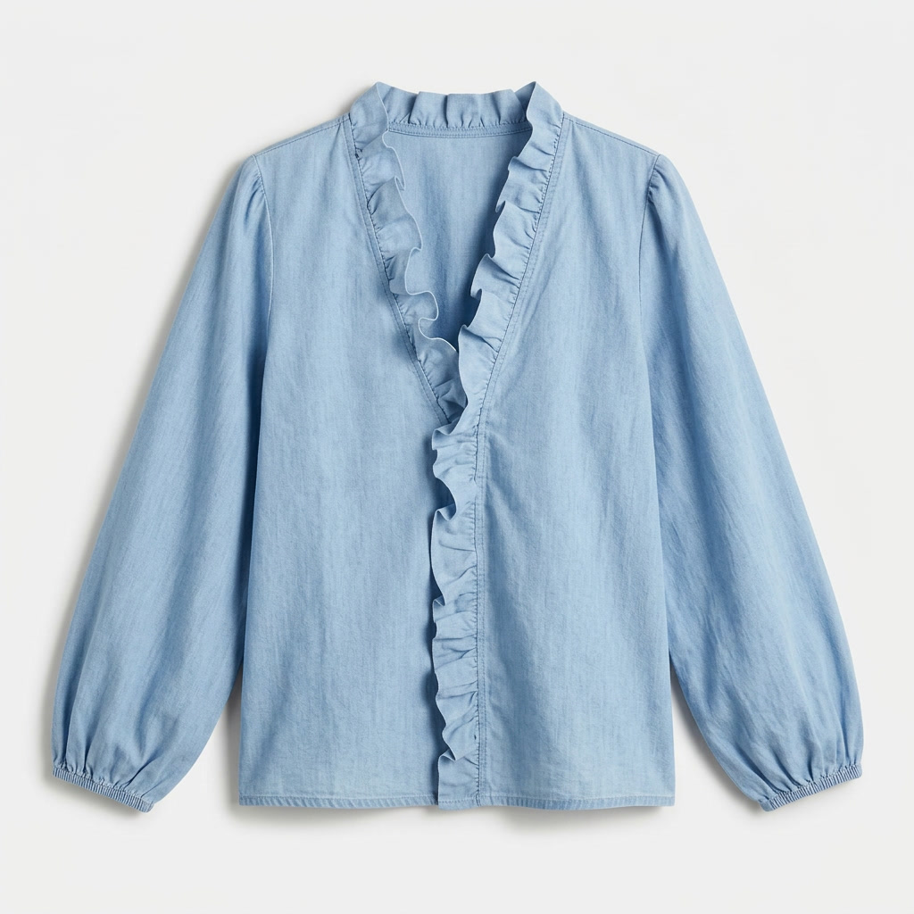 Rivaclo | Women's Printed V-Neck Long Sleeve Shirt – Ruffle Detail