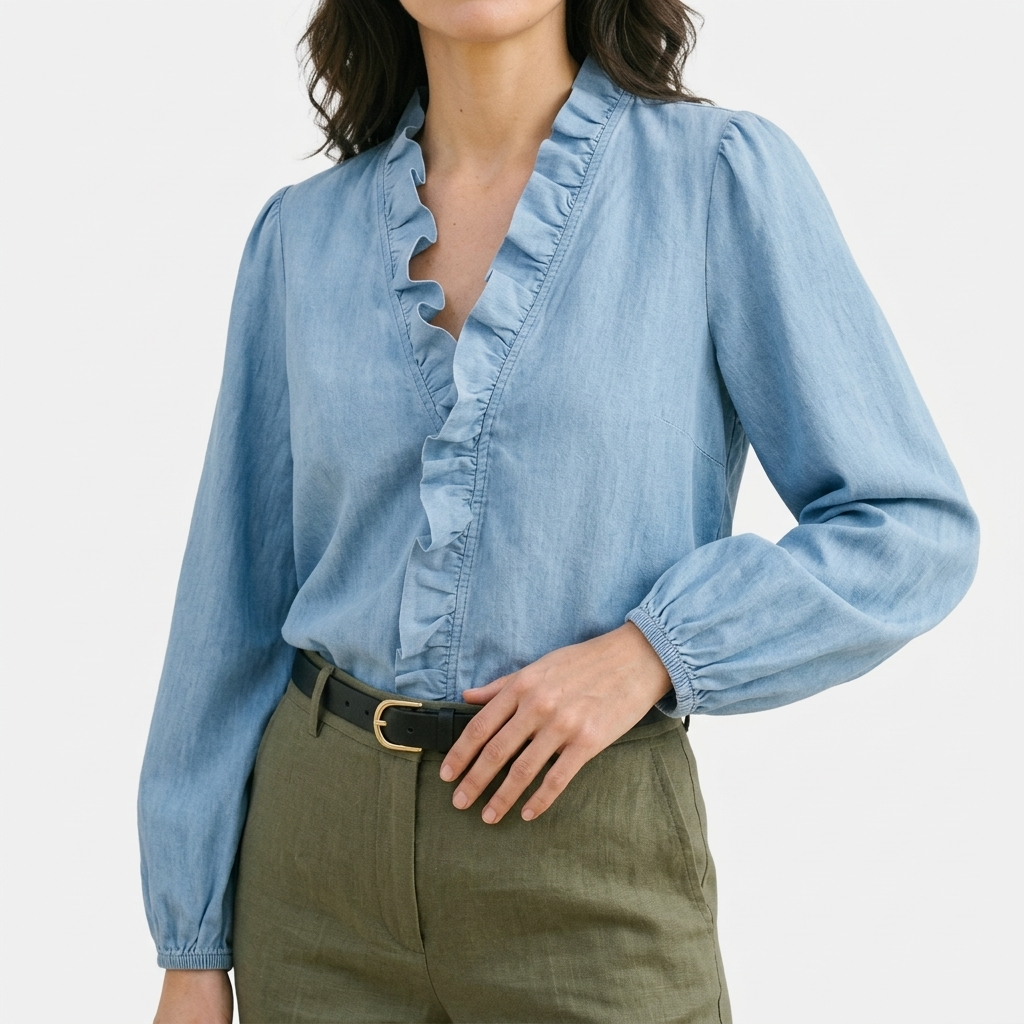 Rivaclo | Women's Printed V-Neck Long Sleeve Shirt – Ruffle Detail