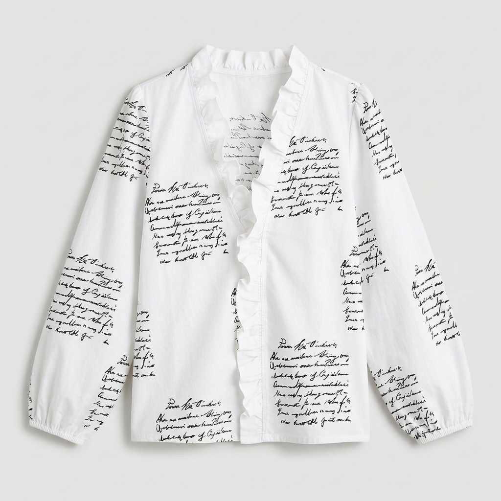 Rivaclo | Women's Printed V-Neck Long Sleeve Shirt – Ruffle Detail