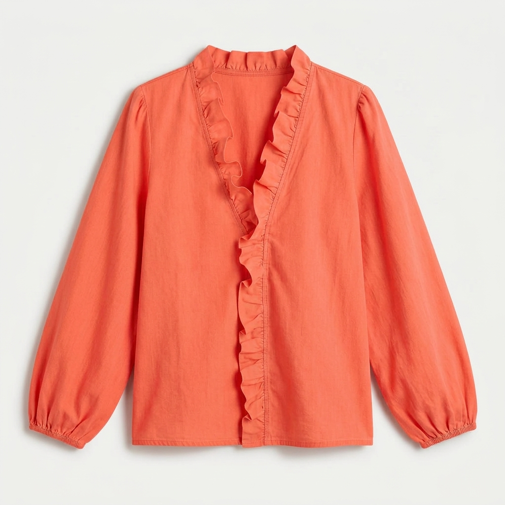 Rivaclo | Women's Printed V-Neck Long Sleeve Shirt – Ruffle Detail