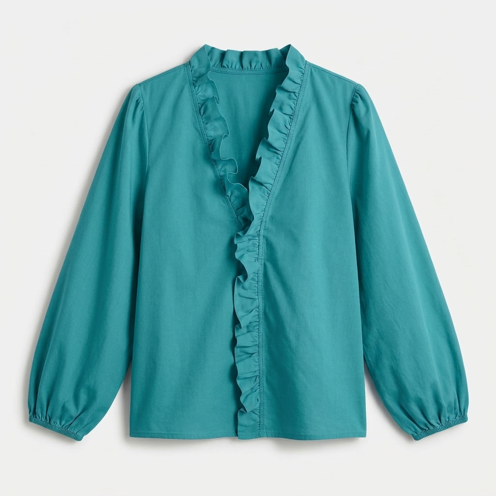 Rivaclo | Women's Printed V-Neck Long Sleeve Shirt – Ruffle Detail