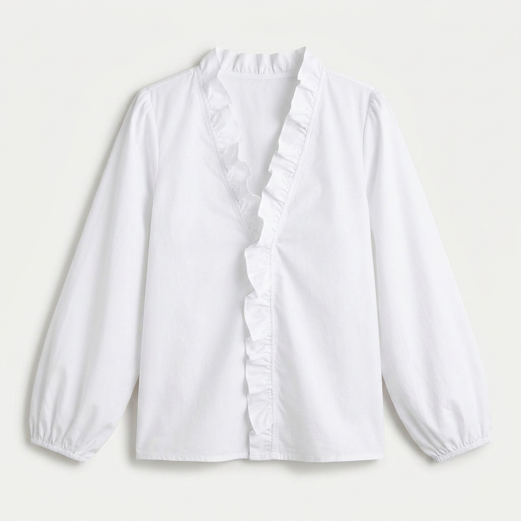Rivaclo | Women's Printed V-Neck Long Sleeve Shirt – Ruffle Detail