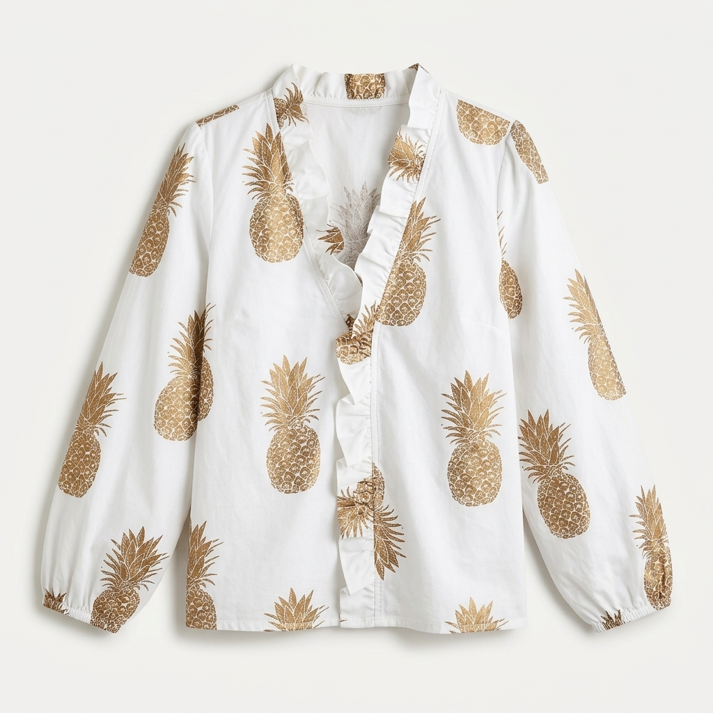 Rivaclo | Women's Printed V-Neck Long Sleeve Shirt – Ruffle Detail
