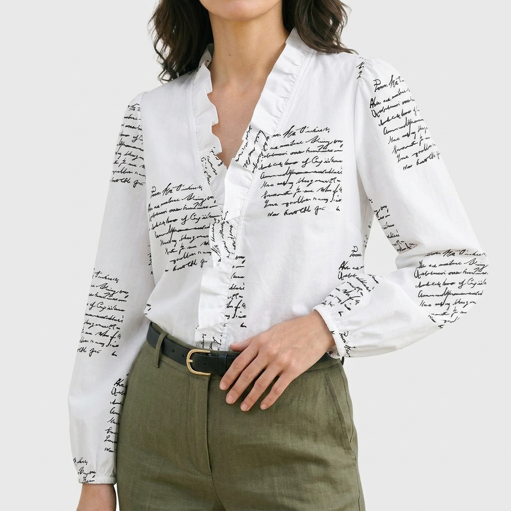 Rivaclo | Women's Printed V-Neck Long Sleeve Shirt – Ruffle Detail