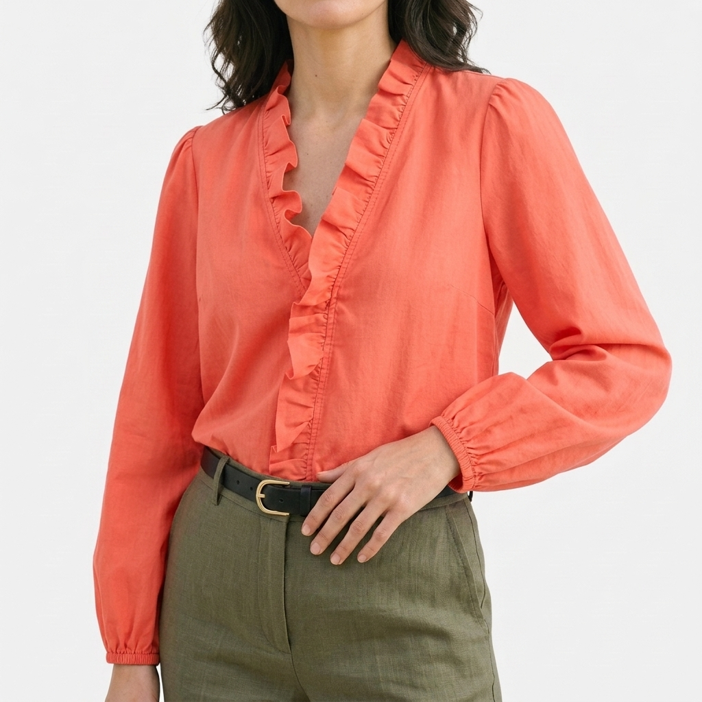 Rivaclo | Women's Printed V-Neck Long Sleeve Shirt – Ruffle Detail