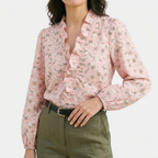 Rivaclo | Women's Printed V-Neck Long Sleeve Shirt – Ruffle Detail