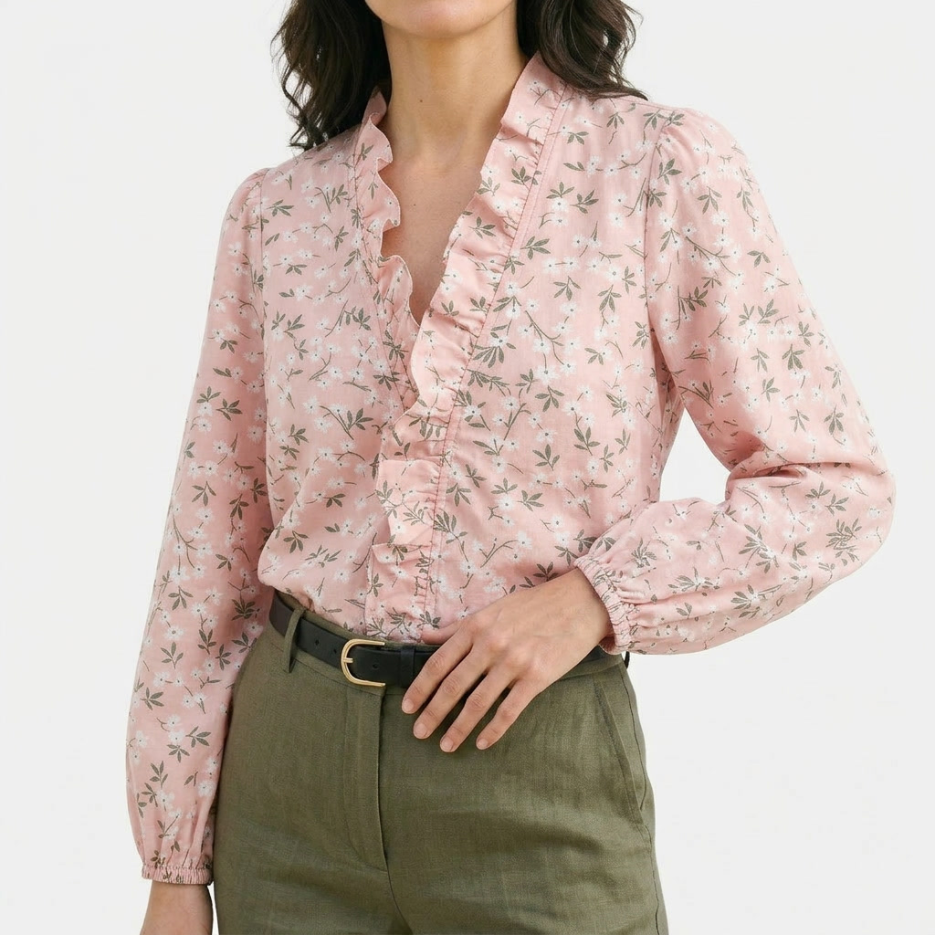 Rivaclo | Women's Printed V-Neck Long Sleeve Shirt – Ruffle Detail