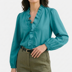 Rivaclo | Women's Printed V-Neck Long Sleeve Shirt – Ruffle Detail