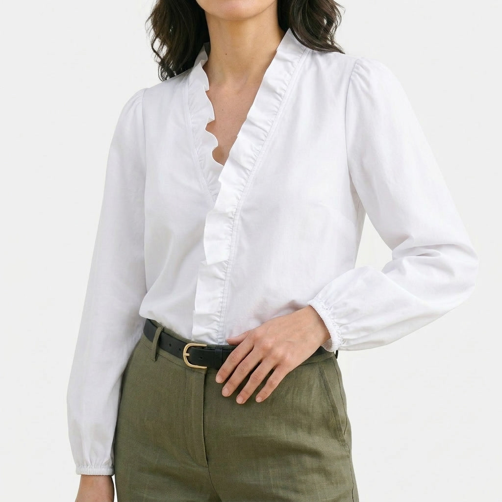 Rivaclo | Women's Printed V-Neck Long Sleeve Shirt – Ruffle Detail