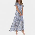Rivaclo | Femme Robe Imprimée Col V Manches Courtes – Silhouette Taille Définie