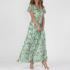 Rivaclo | Femme Robe Imprimée Col V Manches Courtes – Silhouette Taille Définie