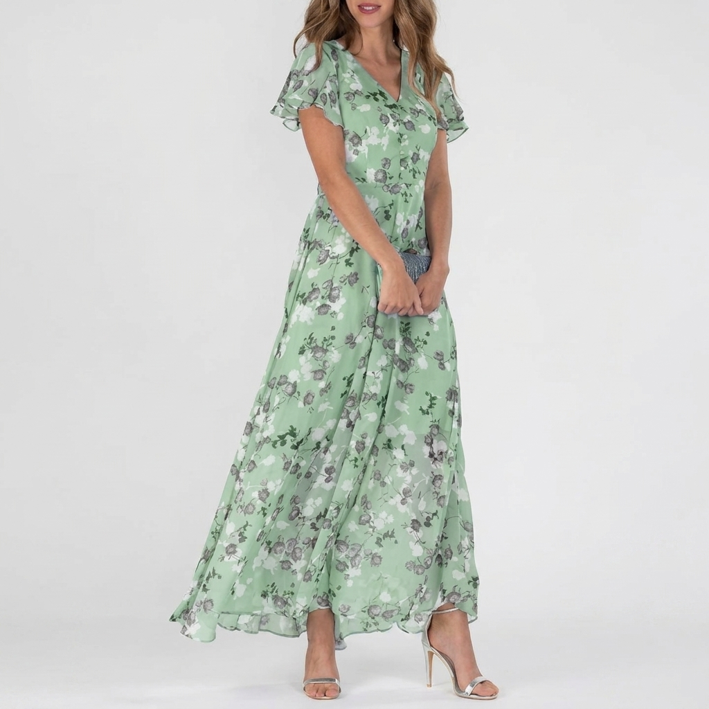 Rivaclo | Women's Printed V-Neck Short Sleeve Dress – Defined Waist Silhouette