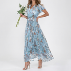 Rivaclo | Femme Robe Imprimée Col V Manches Courtes – Silhouette Taille Définie