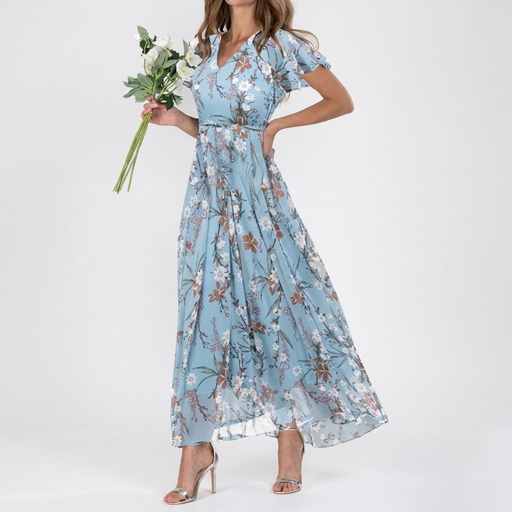 Rivaclo | Women's Printed V-Neck Short Sleeve Dress – Defined Waist Silhouette