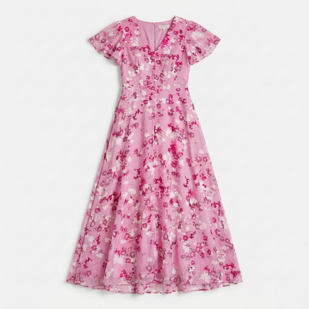 Rivaclo | Women's Printed V-Neck Short Sleeve Dress – Defined Waist Silhouette