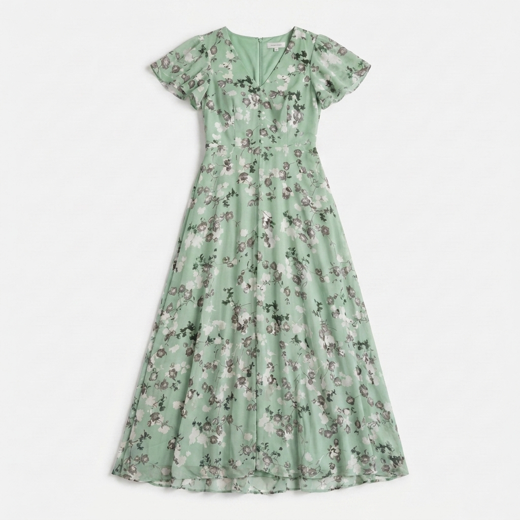 Rivaclo | Women's Printed V-Neck Short Sleeve Dress – Defined Waist Silhouette
