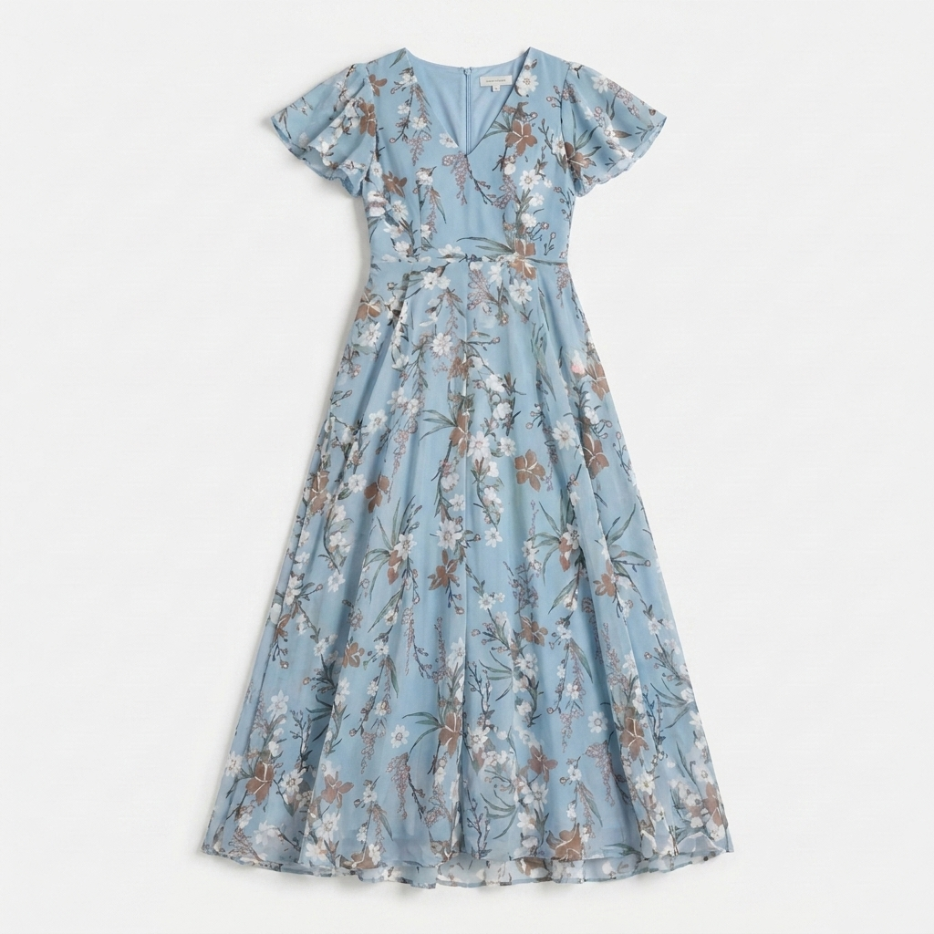 Rivaclo | Women's Printed V-Neck Short Sleeve Dress – Defined Waist Silhouette