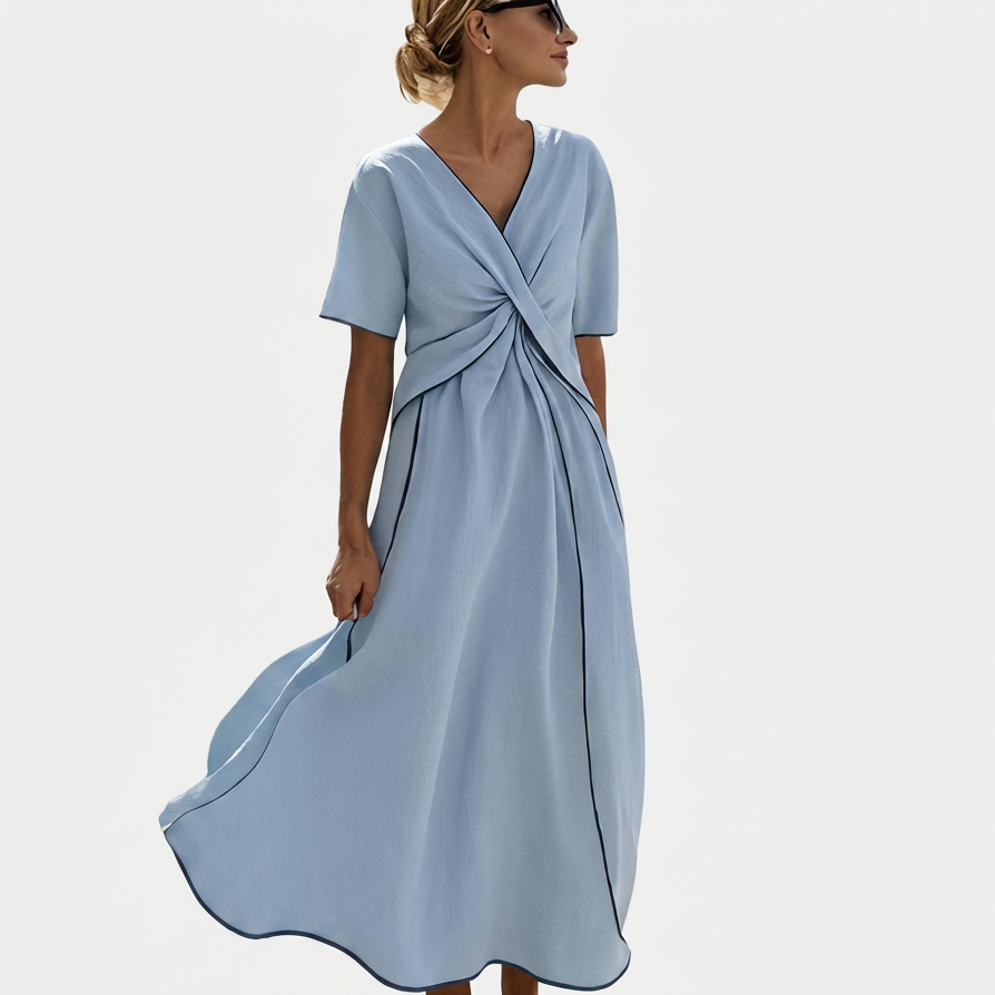 Rivaclo | Femme Robe Rayée Col V – Ligne A Plissée Maxi