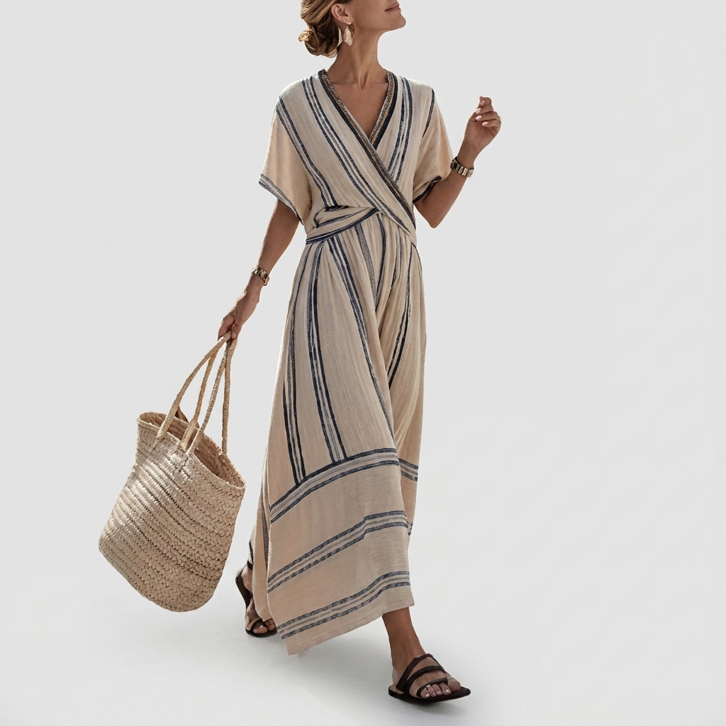 Rivaclo | Femme Robe Rayée Col V – Ligne A Plissée Maxi