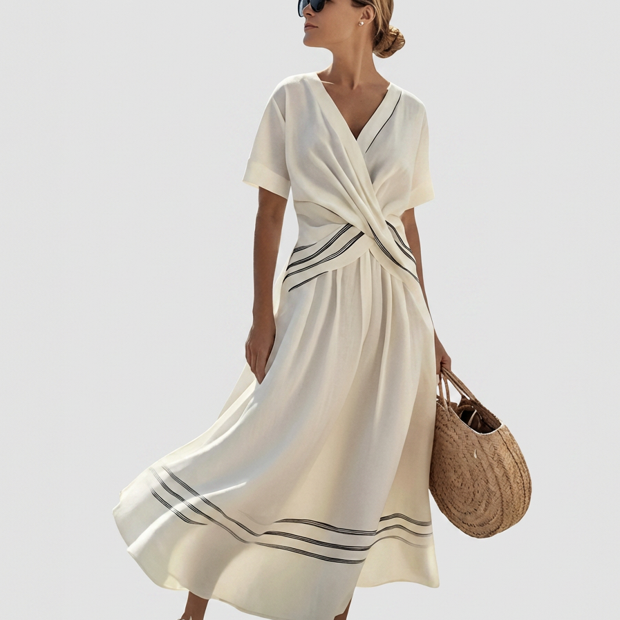 Rivaclo | Femme Robe Rayée Col V – Ligne A Plissée Maxi