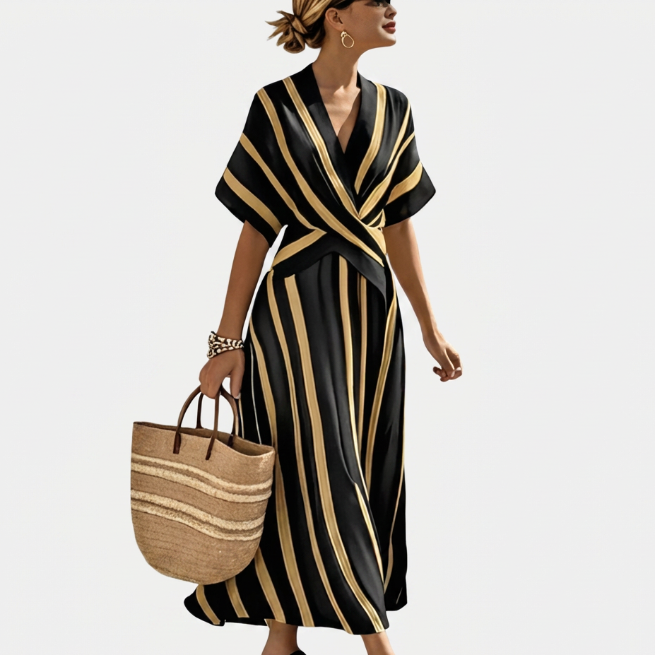 Rivaclo | Femme Robe Rayée Col V – Ligne A Plissée Maxi