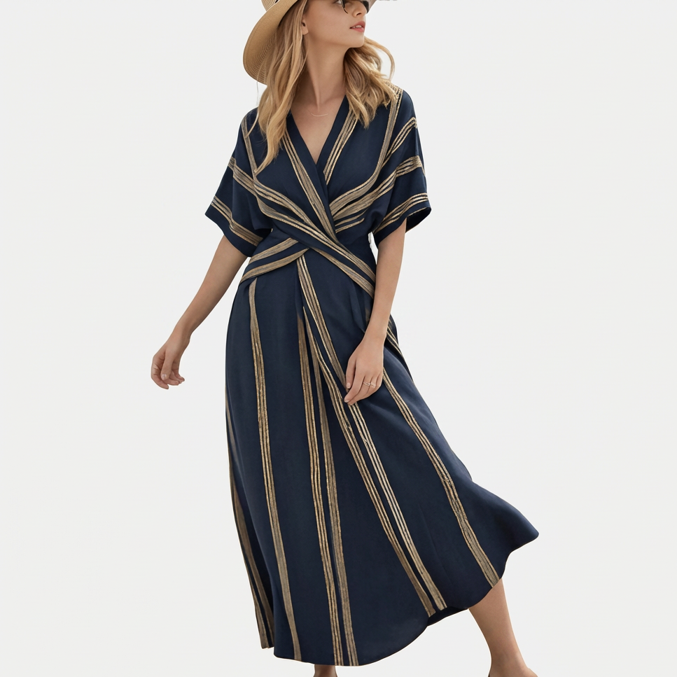 Rivaclo | Women's Striped V-Neck Dress – Pleated Maxi A-Line