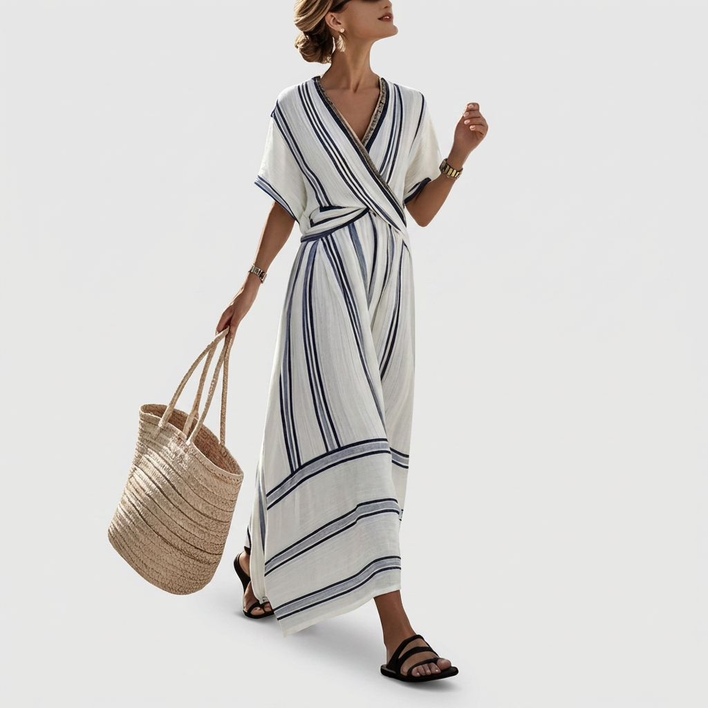 Rivaclo | Femme Robe Rayée Col V – Ligne A Plissée Maxi