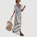 Rivaclo | Femme Robe Rayée Col V – Ligne A Plissée Maxi