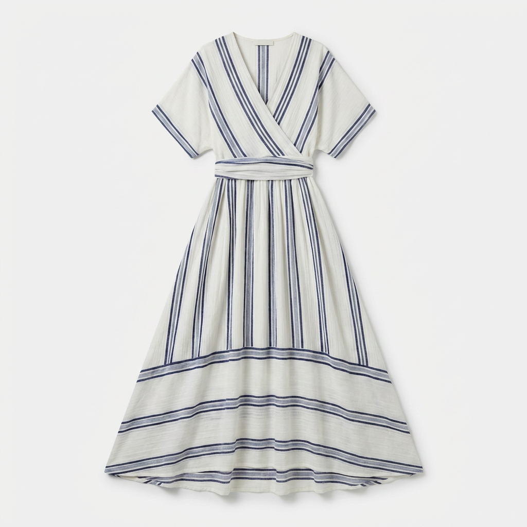 Rivaclo | Women's Striped V-Neck Dress – Pleated Maxi A-Line
