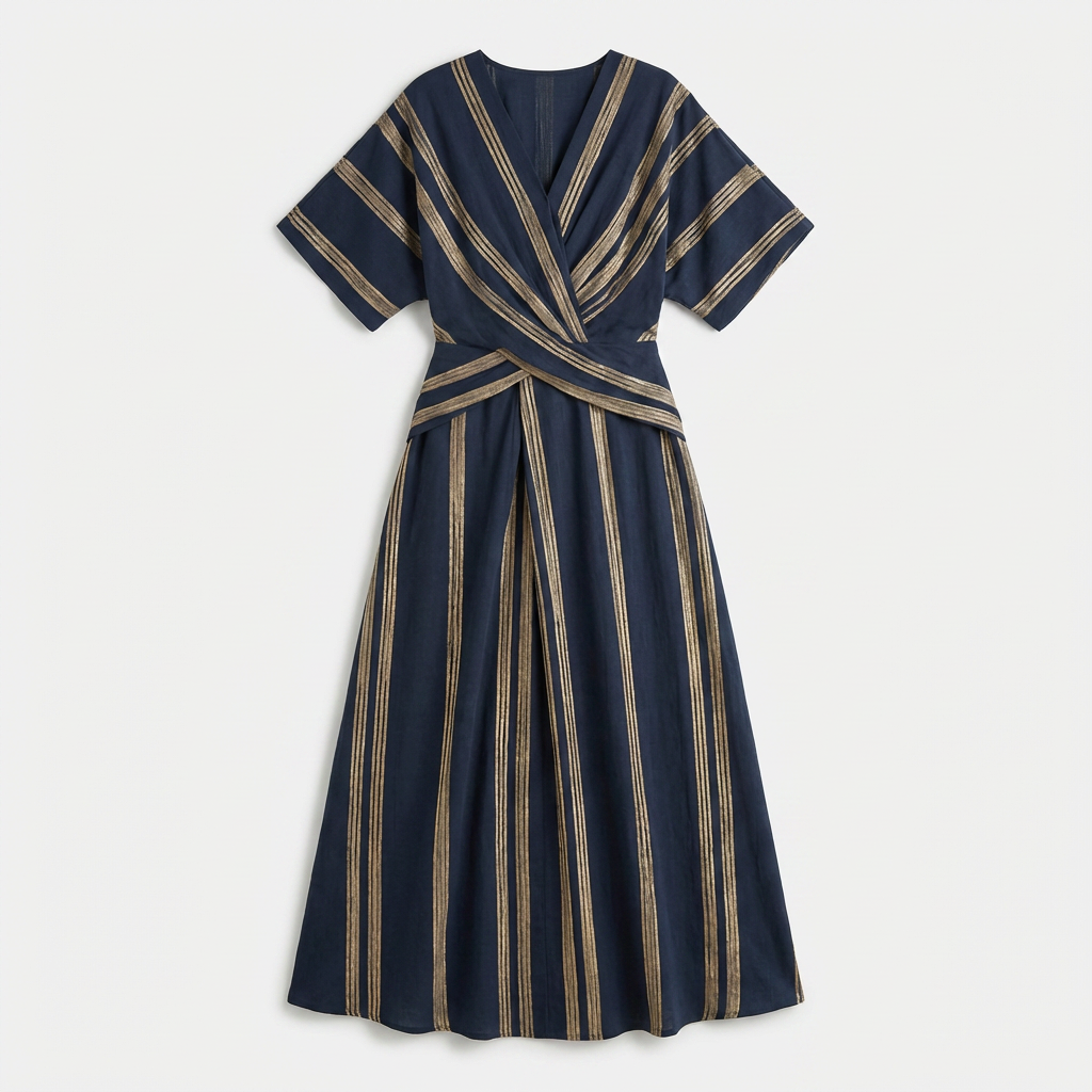 Rivaclo | Women's Striped V-Neck Dress – Pleated Maxi A-Line