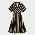 Rivaclo | Femme Robe Rayée Col V – Ligne A Plissée Maxi