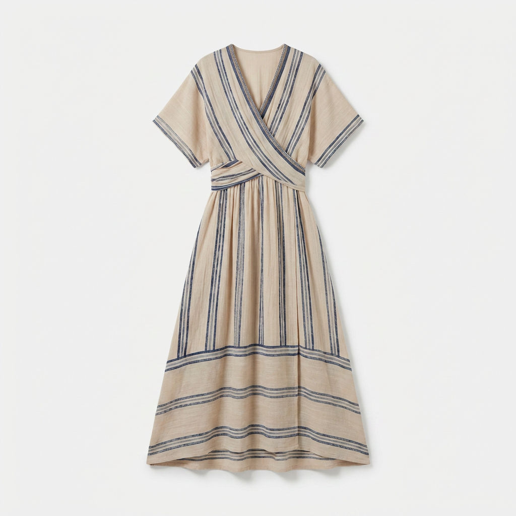 Rivaclo | Women's Striped V-Neck Dress – Pleated Maxi A-Line