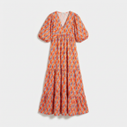 Rivaclo | Women's Vintage Printed V-Neck Dress – Fluid Maxi Bohemian Look
